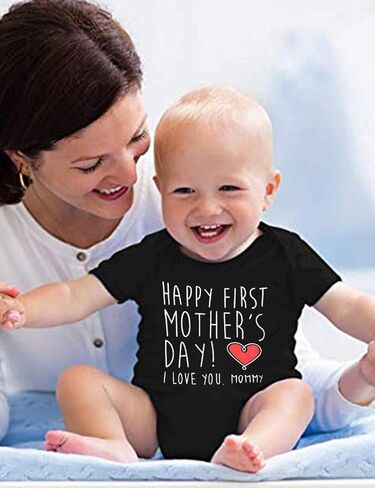 ملابس عيد الأم من Xinlykid للأطفال الأولاد والبنات ملابس عيد الأم السعيدة الأولى لعيد الأم بدلة قفز للأطفال الأولاد والبنات ملابس عيد الأم باللون الأسود in Kuwait