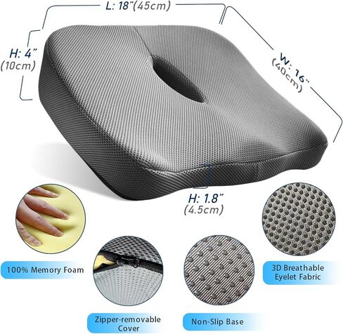 G1 Seat Cushion Memory Foam Ventilated Ergonomic Design Tailbone Coccyx Pad for Office Chairs,Car seat Cushions, Wheelchairs(18x16 inches) (Black) in Saudi Arabia