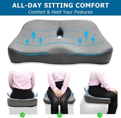 G1 Seat Cushion Memory Foam Ventilated Ergonomic Design Tailbone Coccyx Pad for Office Chairs,Car seat Cushions, Wheelchairs(18x16 inches) (Black) in Saudi Arabia