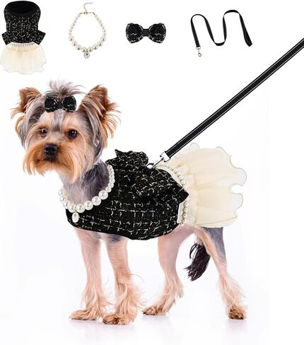 Elegant Dog Plaid Tulle Dress Harness with Leash Puppy Skirts Cat Outfits Set Pet Apparel Clothes for Small Medium Dogs Girl Costume Birthday Wedding Party Gown (Black, L) in Saudi Arabia