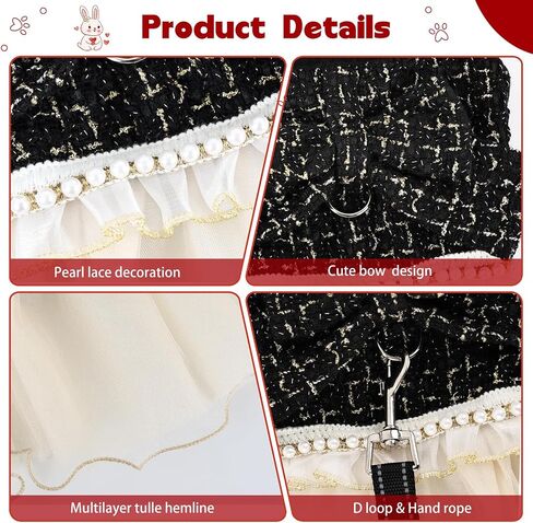Elegant Dog Plaid Tulle Dress Harness with Leash Puppy Skirts Cat Outfits Set Pet Apparel Clothes for Small Medium Dogs Girl Costume Birthday Wedding Party Gown (Black, L) in Saudi Arabia