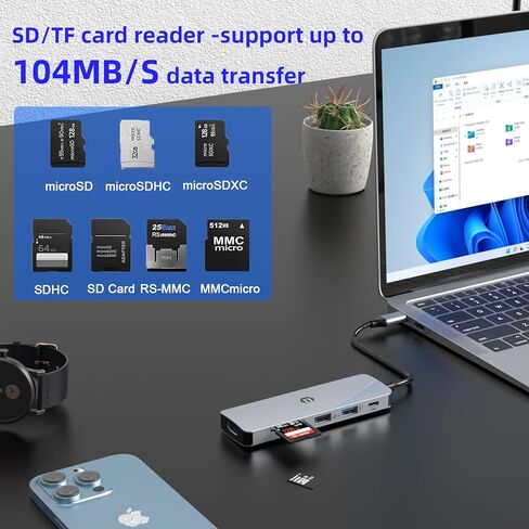 موزع USB C، موزع TOTU من النوع C 6 في 1 مع مخرج HDMI 4K، منفذ PD 100 وات، 2 USB 3.0، فتحة بطاقة SD/TF، ​​قاعدة توصيل USB C لأجهزة الكمبيوتر المحمول Dell وأجهزة الكمبيوتر المحمولة الأخرى من النوع C in Saudi Arabia