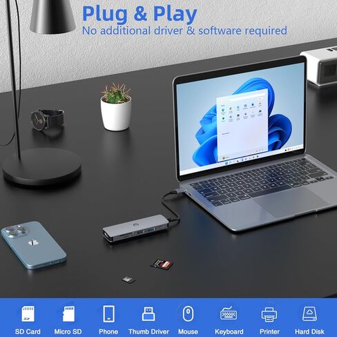 موزع USB C، موزع TOTU من النوع C 6 في 1 مع مخرج HDMI 4K، منفذ PD 100 وات، 2 USB 3.0، فتحة بطاقة SD/TF، ​​قاعدة توصيل USB C لأجهزة الكمبيوتر المحمول Dell وأجهزة الكمبيوتر المحمولة الأخرى من النوع C in Saudi Arabia