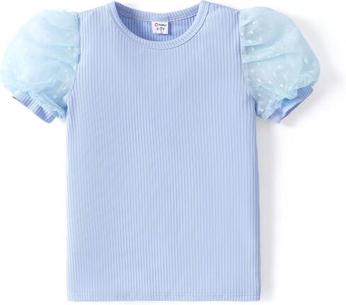 PATPAT Toddler Kid Girls Mesh Puff Short Sleeve Casual Cute Solid T-Shirt Pullover Blouse Tops in Kuwait