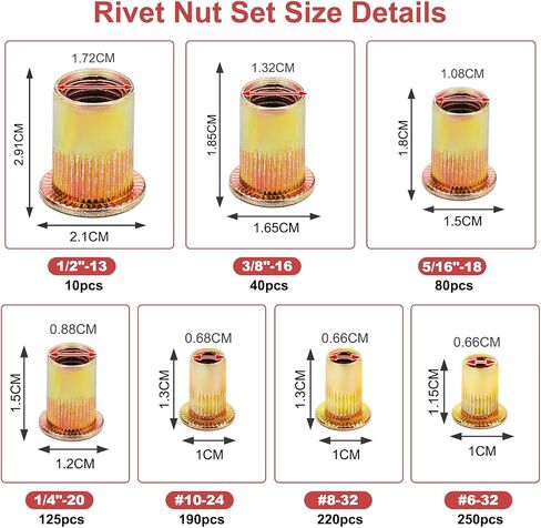 OCR 1100pcs Carbon Steel Rivet Nut Assortment Set Flat Head Thread Rivet Insert Nut, Metric Sizes M3, M4, M5, M6, M8, M10, M12 in Saudi Arabia