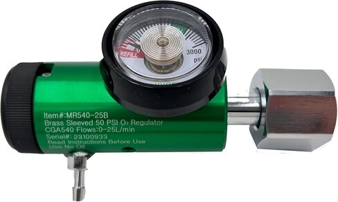 منظم الأكسجين 25LPM CGA-540#MR540-25B، تدفق قابل للتعديل 0-25 LPM - ASTM G175-03 - الألومنيوم/النحاس، الحد الأقصى للمدخل: 3000 رطل لكل بوصة مربعة، المخرج: 50 رطل لكل بوصة مربعة - مدمج 1.38 بوصة × 6.29 بوصة in Kuwait