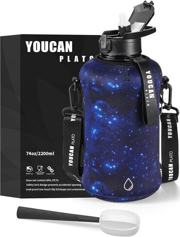 YOUCAN PLATO 74 oz Half Gallon Water Bottle with Sleeve-Large Water Bottle -Big Gym Water Bottle with Straw- Gallon Water Jug with Handle and Bottle Brush-BPA Free- Leakproof, workout bottle,Black in Saudi Arabia