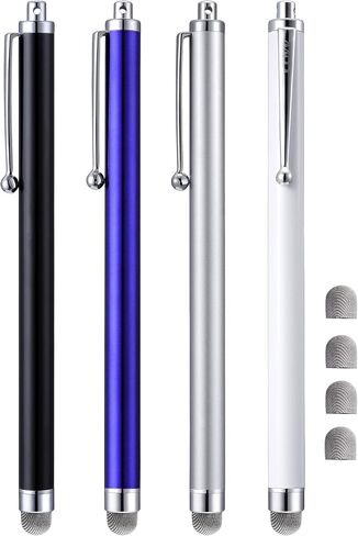 Stylus, 4 Pcs 5.0 Inch Mesh Fiber Tip Stylus Pens for Touch Screen, Compatible with iPad, iPhone, Kindle Fire, 4 Extra Replaceable Hybrid Fiber Tips (White, Black, Silver, Blue) in Saudi Arabia