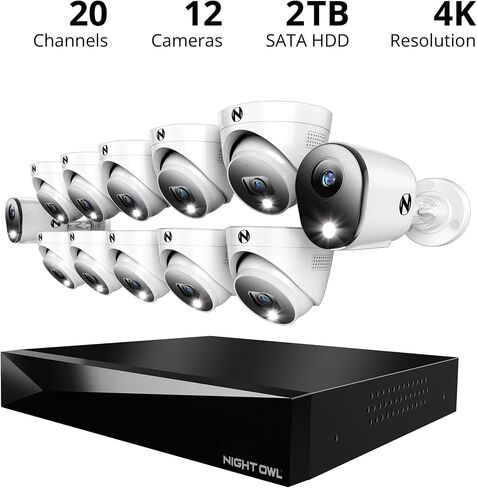 Night Owl 2-Way Audio 20 Channel DVR Video Home Security Camera System with 12 (2 Bullet 10 Dome) Wired 4K HD Indoor/Outdoor Deterrence Cameras and 2TB Hard Drive (2 Bullet/10 Dome - 20 Channel) in Kuwait
