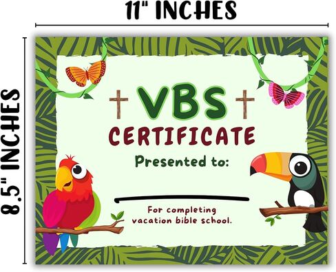 Vacation Bible School VBS Certificate of Completion Award | 50 pk 8.5x11" Jungle Wild Animals Safari Camp School Participation in Saudi Arabia