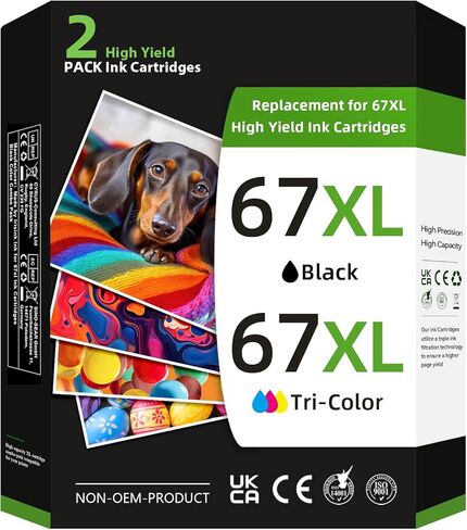 خرطوشة حبر 67XL باللون الأسود والألوان لحبر HP 67 67XL بديلة عالية الإنتاجية تناسب Envy 6000 6055 6058 6075 6400 6455 لـ Deskjet 2752 2755 2755e 4152 4155 2800 prtiner (عبوتان) in Kuwait