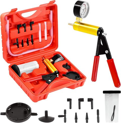 Swpeet 15Pcs - 1Set Red 2 in 1 Handheld Vacuum Pump Brake Bleeder Assortment Kit, Brake System Bleeding Tools Manual Vacuum Pump with Gauge Adapters Replace Brake Oil for Motorcycle, Bike, Car in Saudi Arabia