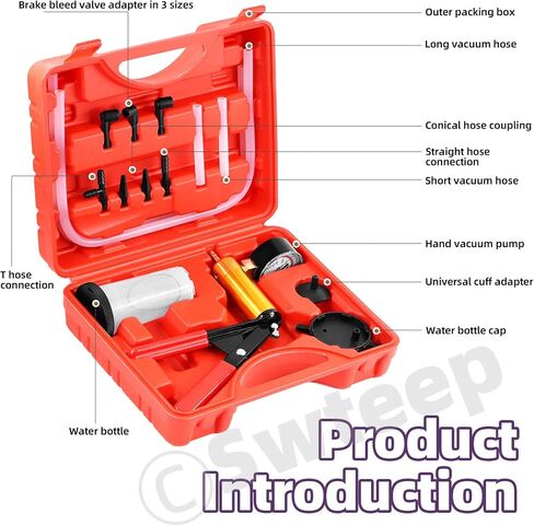 Swpeet 15Pcs - 1Set Red 2 in 1 Handheld Vacuum Pump Brake Bleeder Assortment Kit, Brake System Bleeding Tools Manual Vacuum Pump with Gauge Adapters Replace Brake Oil for Motorcycle, Bike, Car in Saudi Arabia