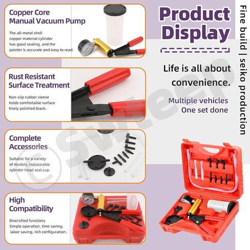 Swpeet 15Pcs - 1Set Red 2 in 1 Handheld Vacuum Pump Brake Bleeder Assortment Kit, Brake System Bleeding Tools Manual Vacuum Pump with Gauge Adapters Replace Brake Oil for Motorcycle, Bike, Car in Saudi Arabia