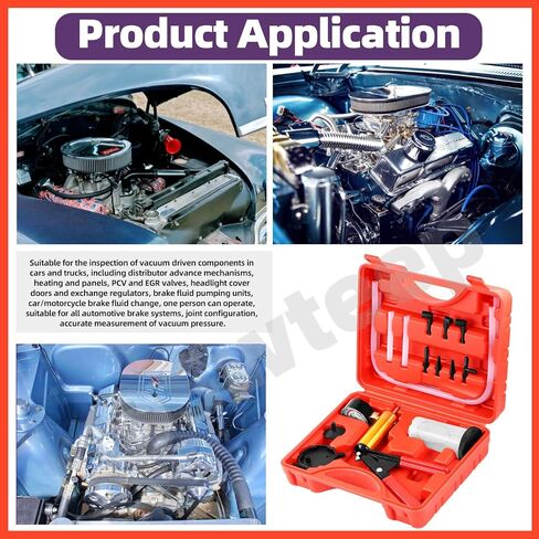 Swpeet 15Pcs - 1Set Red 2 in 1 Handheld Vacuum Pump Brake Bleeder Assortment Kit, Brake System Bleeding Tools Manual Vacuum Pump with Gauge Adapters Replace Brake Oil for Motorcycle, Bike, Car in Saudi Arabia