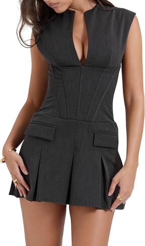 Women's Dress V-Neck Sleeveless Zip Up Tailor Lined Corset Suit Style Dress in Saudi Arabia