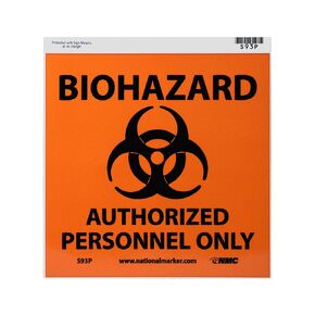 NMC S93R BIOHAZARD - AUTHORIZED PERSONNEL ONLY – 7 in. x 7 in. Plastic Sign with Graphic, Black Text on Orange Base in Kuwait