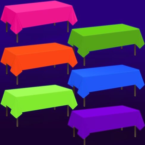 6 Pack Neon Table Cloths Party Decorations, Pink Orange Yellow Green Blue Purple Glow in The Dark Plastic Tablecloth, Disposable Rainbow Table Cover for Glow in Dark Neon Party Supplies Decorations in Saudi Arabia