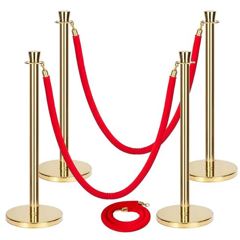 4 Pack Gold Stainless Steel Stanchion Post and 3 Pack 5 FT Red Velvet Ropes and Stanchion Poles Set Crowd Control Barriers with Fillable Base Used for Party Wedding Theaters Red Carpet in Saudi Arabia