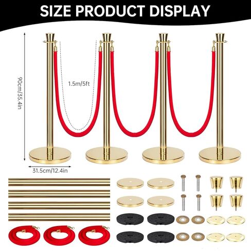 4 Pack Gold Stainless Steel Stanchion Post and 3 Pack 5 FT Red Velvet Ropes and Stanchion Poles Set Crowd Control Barriers with Fillable Base Used for Party Wedding Theaters Red Carpet in Saudi Arabia