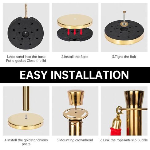 4 Pack Gold Stainless Steel Stanchion Post and 3 Pack 5 FT Red Velvet Ropes and Stanchion Poles Set Crowd Control Barriers with Fillable Base Used for Party Wedding Theaters Red Carpet in Saudi Arabia