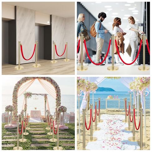 4 Pack Gold Stainless Steel Stanchion Post and 3 Pack 5 FT Red Velvet Ropes and Stanchion Poles Set Crowd Control Barriers with Fillable Base Used for Party Wedding Theaters Red Carpet in Saudi Arabia