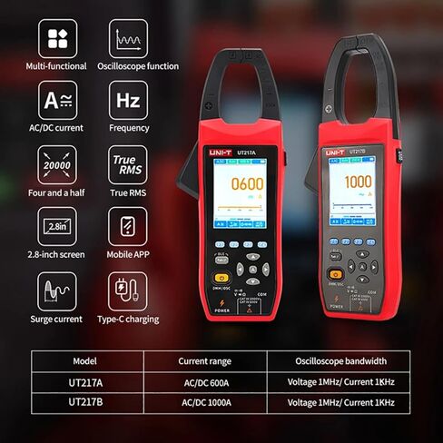 UNI-T UT217B مقياس المشبك راسم الذبذبات، جهاز اختبار الجهد الكهربي 1000 فولت تيار متردد/تيار مستمر، معدل أخذ العينات 5 ميجا هرتز/ثانية، عرض النطاق الترددي 1 ميجا هرتز، 20000 عدد مشبك التيار TRMS، المقاومة، السعة، اختبار الاستمرارية، مع شاشة LCD مقاس 2.8 ب in Kuwait