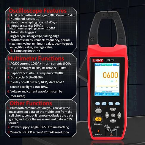 UNI-T UT217B مقياس المشبك راسم الذبذبات، جهاز اختبار الجهد الكهربي 1000 فولت تيار متردد/تيار مستمر، معدل أخذ العينات 5 ميجا هرتز/ثانية، عرض النطاق الترددي 1 ميجا هرتز، 20000 عدد مشبك التيار TRMS، المقاومة، السعة، اختبار الاستمرارية، مع شاشة LCD مقاس 2.8 ب in Kuwait