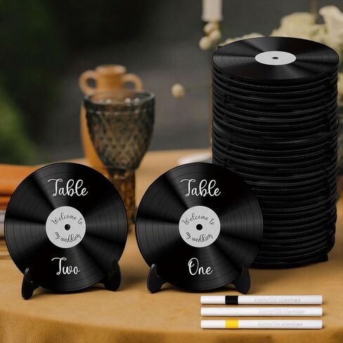 Novabright 20 Pcs Vinyl Record Wood Wedding Table Numbers with Easel Stand Retro Music Wedding Party Decorations for Reception DIY Doodle Fake Records Table Signs with 3 Markers for Souvenir Gifts in Saudi Arabia