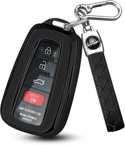 غطاء مفتاح Toyota Key Fob مع سلسلة مفاتيح جلدية، جراب جهاز تحكم عن بعد ملتف ممتاز من مادة TPU متوافق مع Toyota Avalon Highlander Corolla RAV4 C-HR Camry 86/GT86 (أسود) in Saudi Arabia