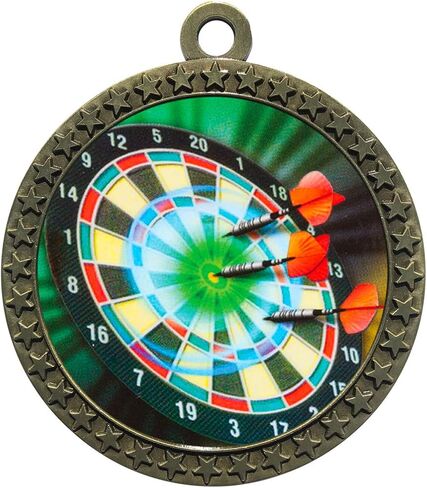 Large 2-1/2 inch Diameter Metal Antique Gold Darts Bullseye Medals Star Award Trophy Champion Winner with Red White and Blue Neck Ribbons (Pack of 10) in Saudi Arabia