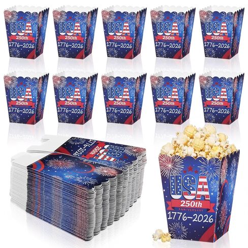 Geyoga 48 Pcs 250th Popcorn Box Patriotic USA 4th of July Disposable Popcorn Paper Boxes Bulk Red White Blue Treat Boxes Containers American Independence Day Party Supplies Decorations in Saudi Arabia