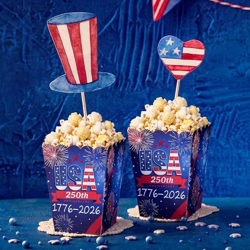 Geyoga 48 Pcs 250th Popcorn Box Patriotic USA 4th of July Disposable Popcorn Paper Boxes Bulk Red White Blue Treat Boxes Containers American Independence Day Party Supplies Decorations in Saudi Arabia
