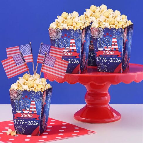 Geyoga 48 Pcs 250th Popcorn Box Patriotic USA 4th of July Disposable Popcorn Paper Boxes Bulk Red White Blue Treat Boxes Containers American Independence Day Party Supplies Decorations in Saudi Arabia