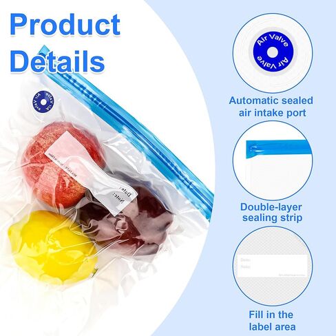 60 Pcs Reusable Sous Vide Bags Vacuum Sealer with 10 Seal Clips,Multi-purpose Vacuum Food Storage Bag in 4 Size, ideal for Microwaveable, Food Storage, Cooking in Saudi Arabia