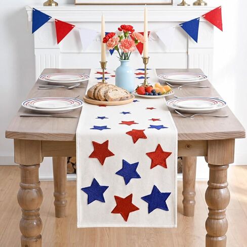 Artoid Mode Soft Chain Embroidery Patriotic Stars Memorial Day Table Runner, 4th of July Kitchen Dining Table Decoration for Home Party Decor 13x72 Inch in Saudi Arabia