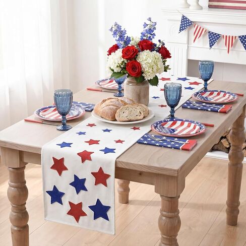 Artoid Mode Soft Chain Embroidery Patriotic Stars Memorial Day Table Runner, 4th of July Kitchen Dining Table Decoration for Home Party Decor 13x72 Inch in Saudi Arabia
