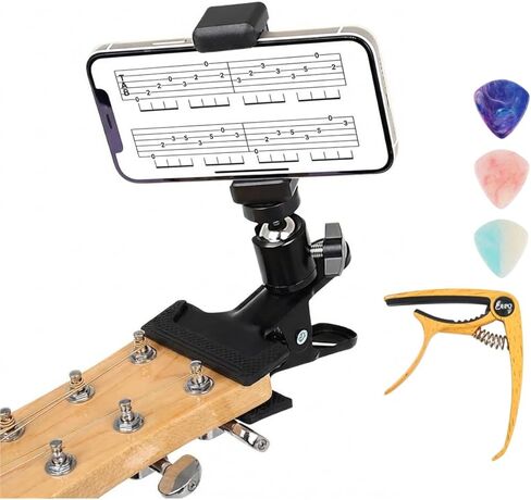 Guitar Phone Holder Mount with Capo & 3 Picks, Adjustable 360° Rotatable Phone Holder for Guitar/Ukulele/Bass, Guitar Accessory for Practicing, Live Streaming & Recording in Saudi Arabia