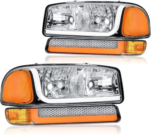 LED DRL Headlight, Headlights Assembly Kit Compatible with 1999-2007 GMC Sierra/1999-2006 Yukon Replacement Headlamp Chrome Housing Amber Reflector in Saudi Arabia