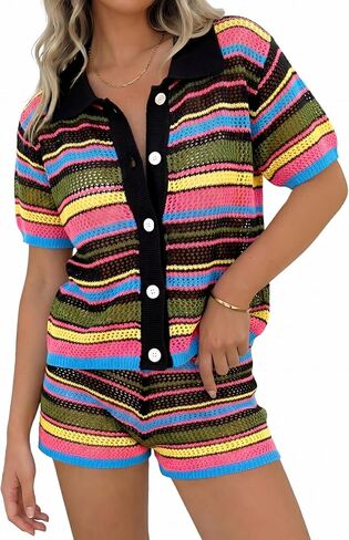 Tankaneo Womens 2 Piece Sweater Shorts Sets Knit Color Block Summer Outfits Short Sleeve Tops Cover Up Cute Matching Set in Saudi Arabia