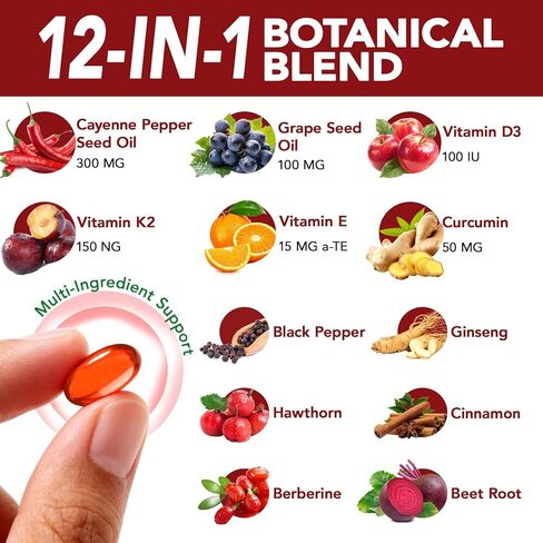 Cayenne Pepper Softgels Supplement, Rich in itamin E D3+K2 and Extracts of Grape Seed, Hawthorn, Beetroot and Others, Supports Leg Vein, Heart and Blood Vessel Health- 240 Softgels/1 Pack in Saudi Arabia