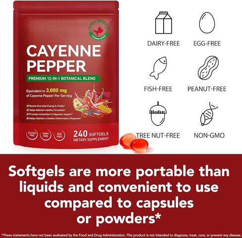 Cayenne Pepper Softgels Supplement, Rich in itamin E D3+K2 and Extracts of Grape Seed, Hawthorn, Beetroot and Others, Supports Leg Vein, Heart and Blood Vessel Health- 240 Softgels/1 Pack in Saudi Arabia
