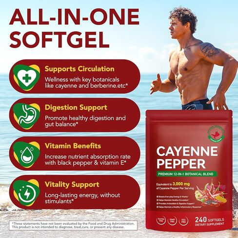 Cayenne Pepper Softgels Supplement, Rich in itamin E D3+K2 and Extracts of Grape Seed, Hawthorn, Beetroot and Others, Supports Leg Vein, Heart and Blood Vessel Health- 240 Softgels/1 Pack in Saudi Arabia