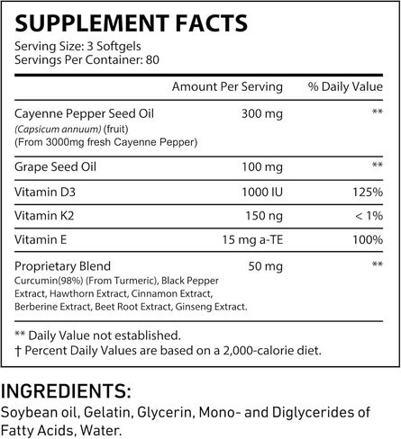 Cayenne Pepper Softgels Supplement, Rich in itamin E D3+K2 and Extracts of Grape Seed, Hawthorn, Beetroot and Others, Supports Leg Vein, Heart and Blood Vessel Health- 240 Softgels/1 Pack in Saudi Arabia