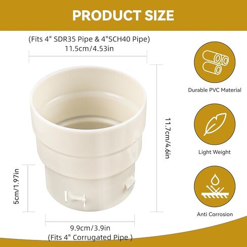 4 "PVC إلى محول الأنابيب المموجة، 4" الأنابيب المموجة إلى محول PVC إلى 4 "SDR 35 أو 4" SCH 40، 4 بوصة تجهيزات أنابيب الصرف المموجة لأنظمة الصرف الصحي في الفناء والمزراب in Kuwait