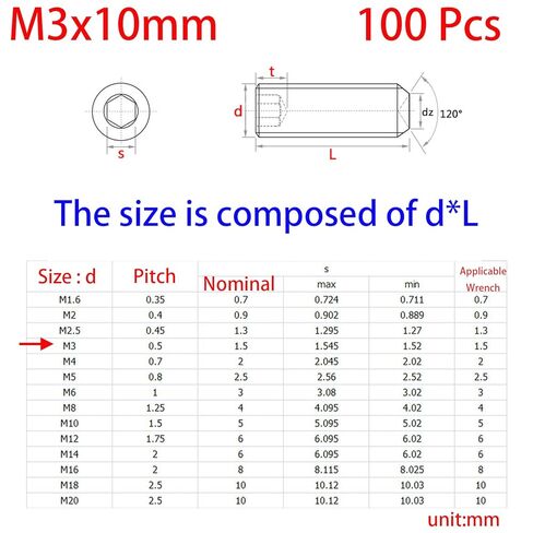 M3-0.5 x 10mm Black Hex Socket Set Grub Screws,Headless Cup Point,Flat Point Grub Bolt,Internal Hex Drive,Alloy Steel,12.9 Class Carbon Steel，External Thread 100 Pcs in Saudi Arabia