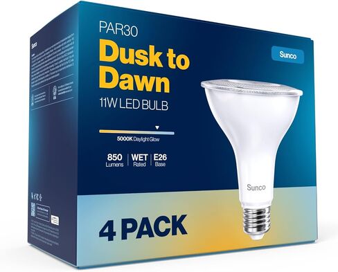 Sunco 4 Pack PAR30 LED Dusk to Dawn Light Bulbs, 850 Lumens, 11W, 5000K Daylight, Non-Dimmable, E26, Wet Rated Outdoor Flood Light Bulb with Photocell Sensor, for Porch, Patio, Backyard, UL in Saudi Arabia