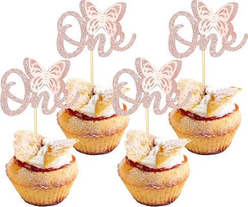 24 Pack Butterfly 1st Birthday Cupcake Toppers Glitter One Cupcake Picks for Baby Shower Kids Birthday Anniversary Party Cake Decorations Supplies Rose Gold in Saudi Arabia