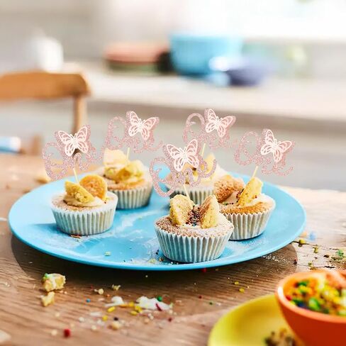 24 Pack Butterfly 1st Birthday Cupcake Toppers Glitter One Cupcake Picks for Baby Shower Kids Birthday Anniversary Party Cake Decorations Supplies Rose Gold in Saudi Arabia