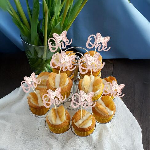 24 Pack Butterfly 1st Birthday Cupcake Toppers Glitter One Cupcake Picks for Baby Shower Kids Birthday Anniversary Party Cake Decorations Supplies Rose Gold in Saudi Arabia